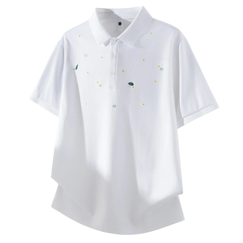 Summer High Elastic T Shirt Men Embroidery Short Sleeve Loose Casual Polo Shirt Male T-shirts