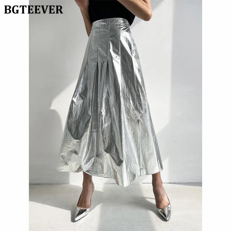 A-line long pleated skirt in silver with high waist