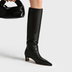 Square toe knee-high knight boot with mid heel in white cowhide
