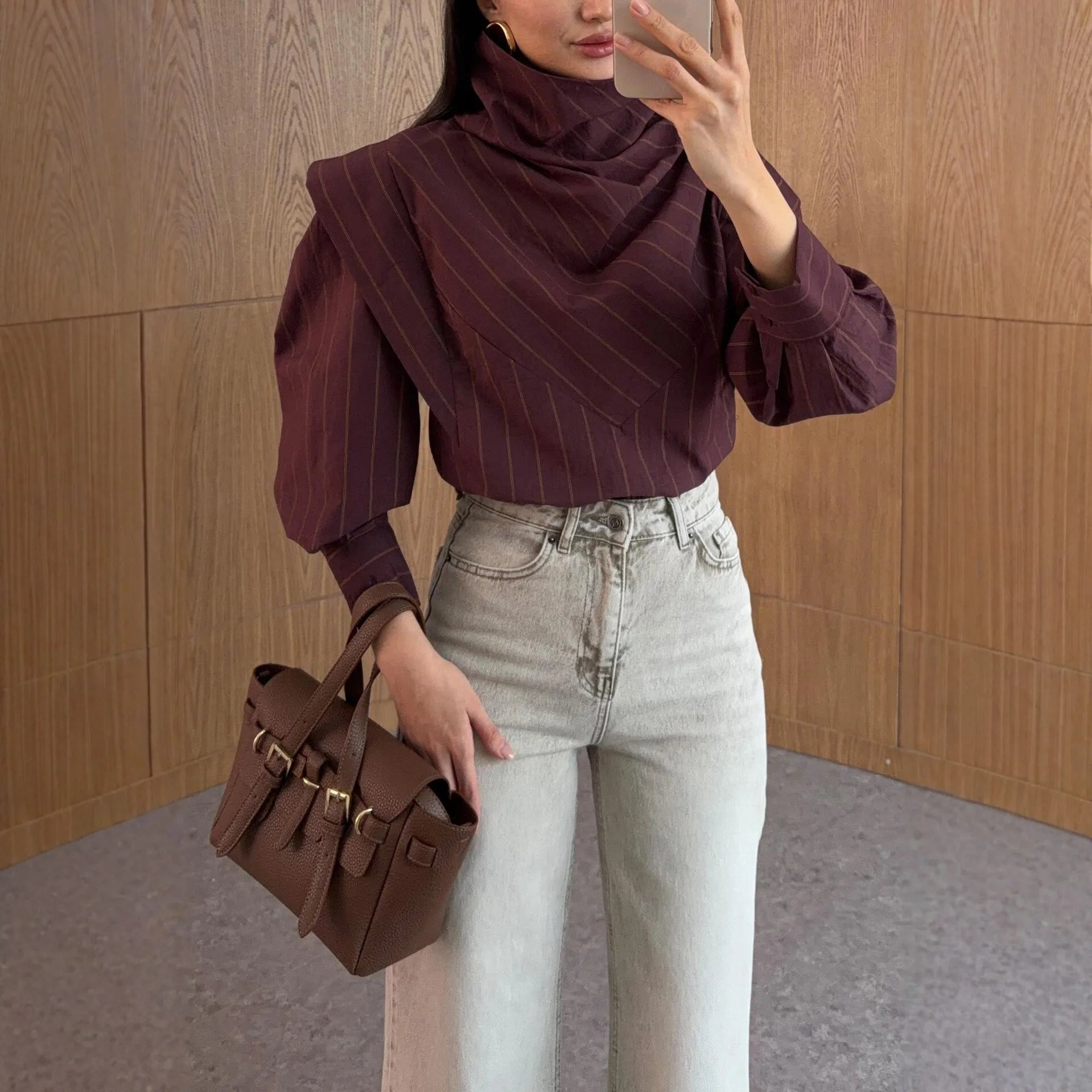 BJTZ 2026 Spring Autumn Women French Vintage Striped Stand Collar Patchwork Long Sleeve Shirt Elegant Slim Fit Casual Office Top