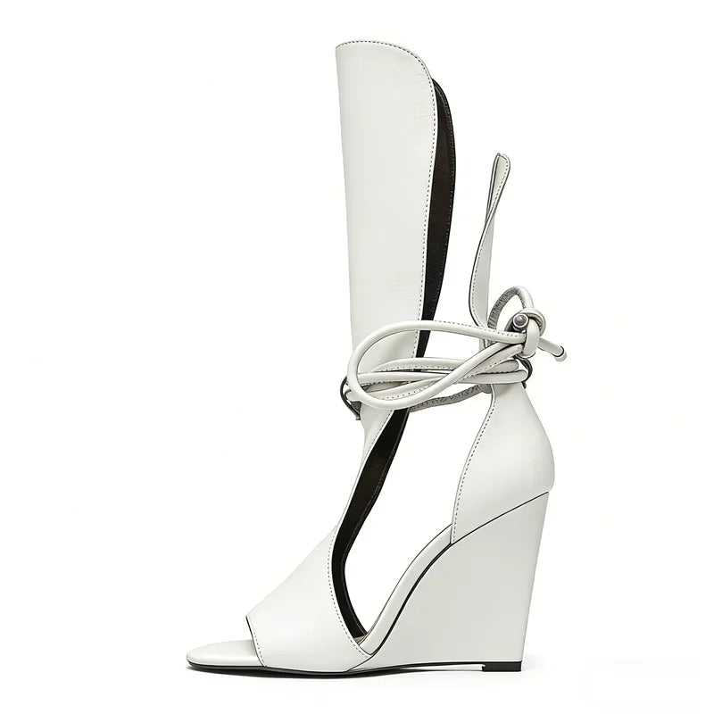 Wedge hollow sandal boot with round peep toe in solid leather