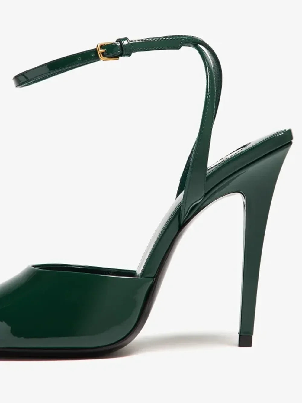 Open toe thin heel pump in shiny green patent leather