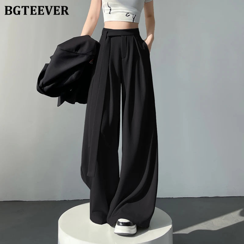High waist wide-leg suit pants with lace-up in long length