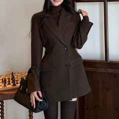 Dark brown double-breasted blazer with button cuff in textured fabric