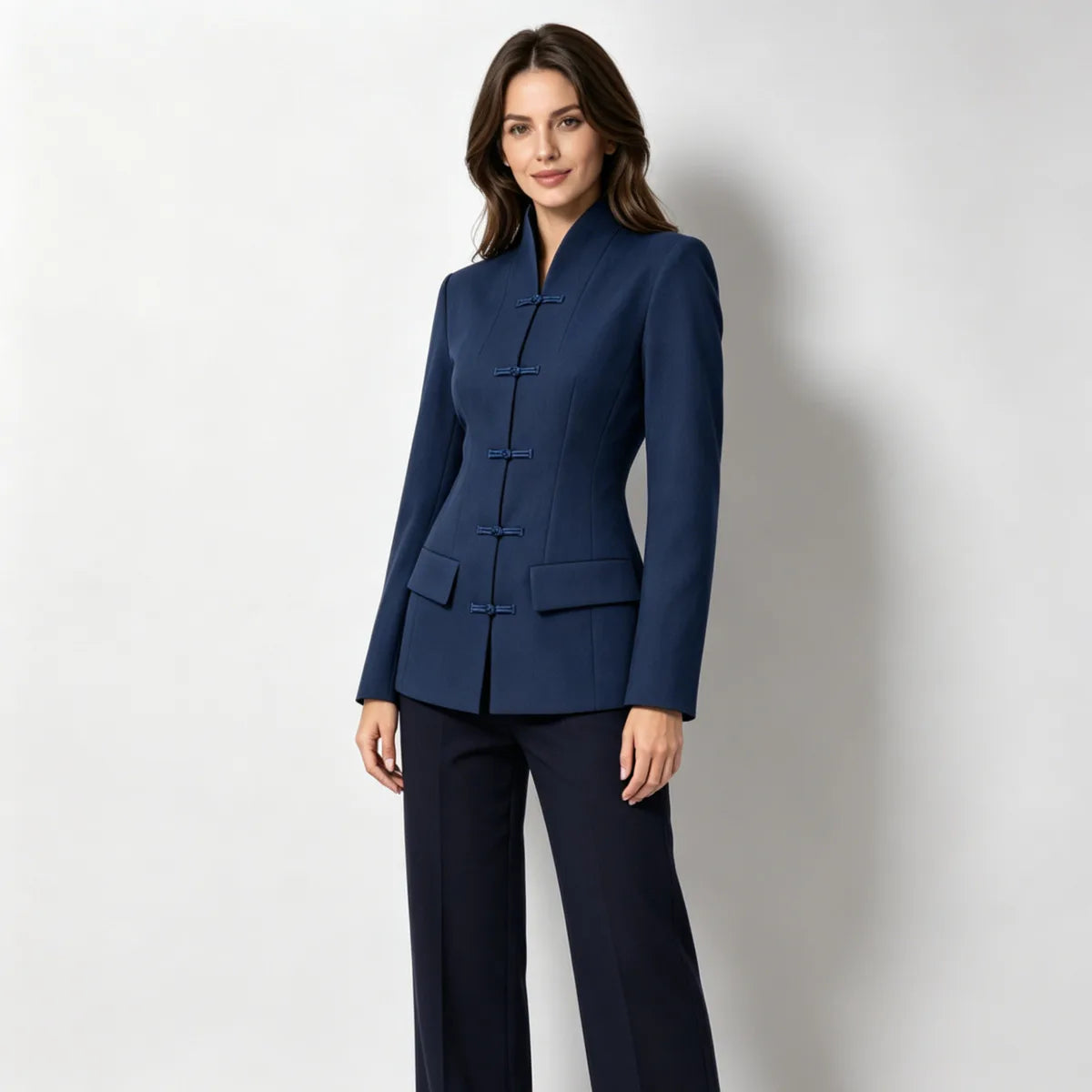 Mandarin collar frog button slim fit blazer