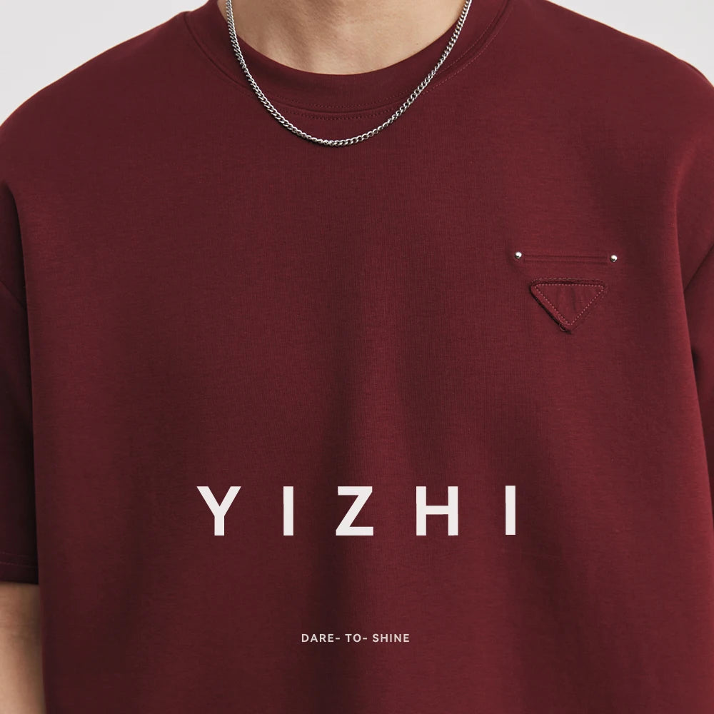 Men's Heavyweight 280g 2026 Summer New Cotton Solid Color Short Sleeve T-Shirt Crew Neck Triangle Label All-match Minimalist Tee