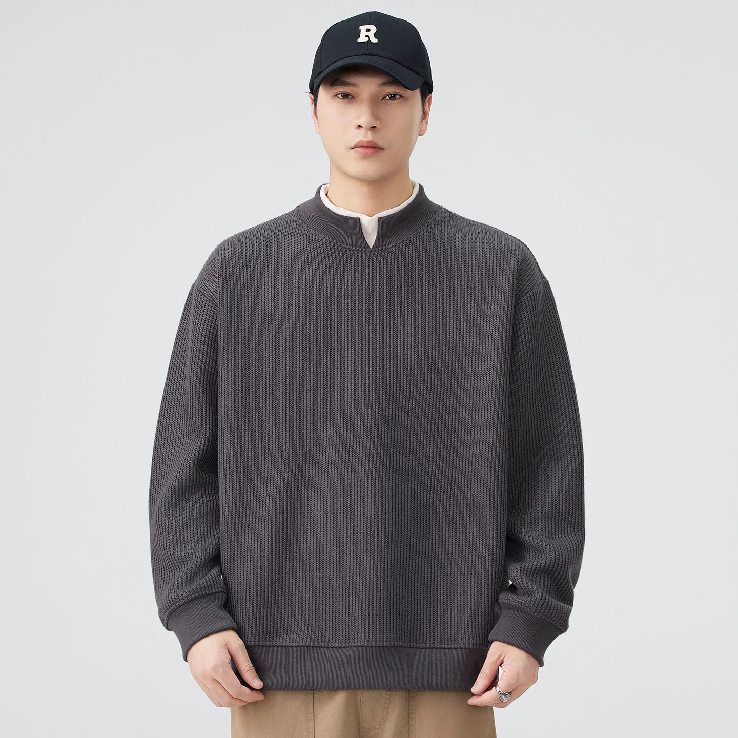Double Collar Pullover Sweatshirt Men Loose Casual Streetwear Fashion Long Sleeve Hoodie Sweatshirts Tops