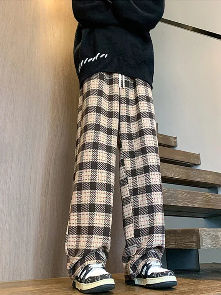 2026 New Y2K Vintage Plaid Baggy Trousers For Men High Street Woolen Straight-leg Pants Korean Fashion Hip Hop pantalones hombre