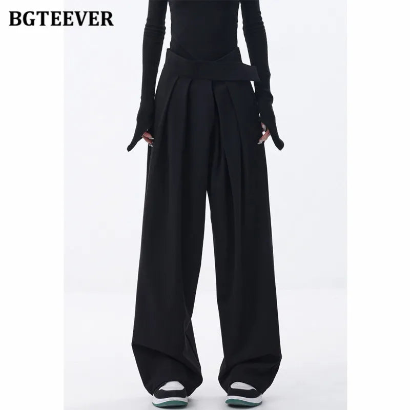 High waist floor-length wide-leg suit trousers with pockets