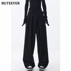 High waist floor-length wide-leg suit trousers with pockets