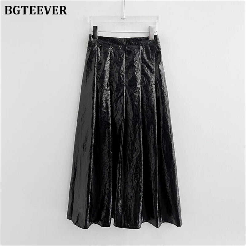 A-line long pleated skirt in silver with high waist