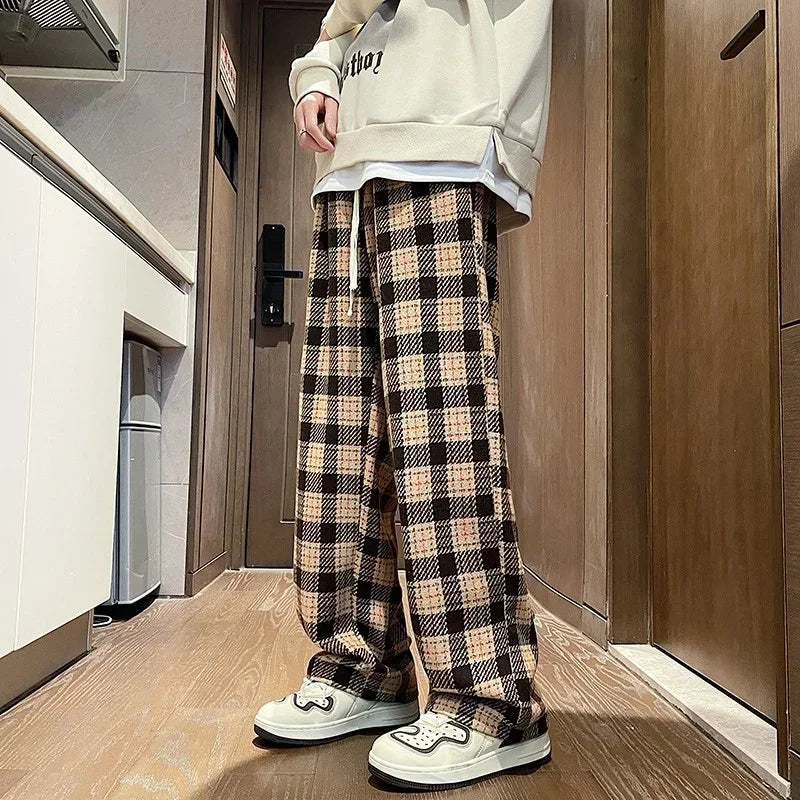 2026 New Y2K Vintage Plaid Baggy Trousers For Men High Street Woolen Straight-leg Pants Korean Fashion Hip Hop pantalones hombre