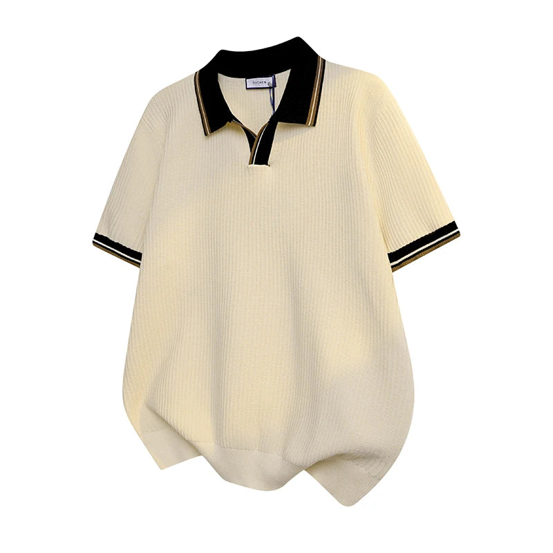 Summer Short Sleeve Knitted Polo Shirt Men Business Casual Fashion Vintage Commute Sweater T-shirt Tops Tshirt