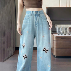 High waist wide-leg jeans with diamond stud and butterfly embroidery