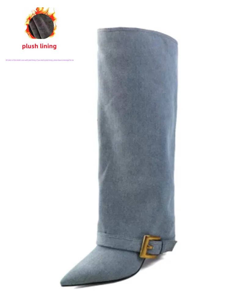 Pointed toe knee-high boot with thin high heel and belt buckle
