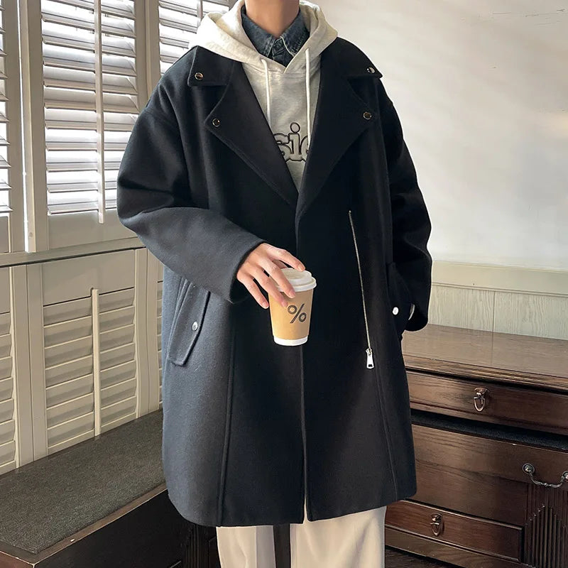 Winter Fashion Woolen Dust Coats Men Zipper Decor High Quality Korean Style Loose Casual Windbreaker Men's Thick Warm Trenchcoat