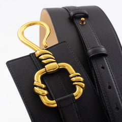 Antique silver buckle wide leather belt for women's dress