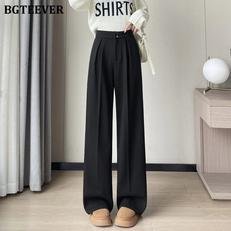 High waist floor-length wide-leg velvet trousers in thickened fabric