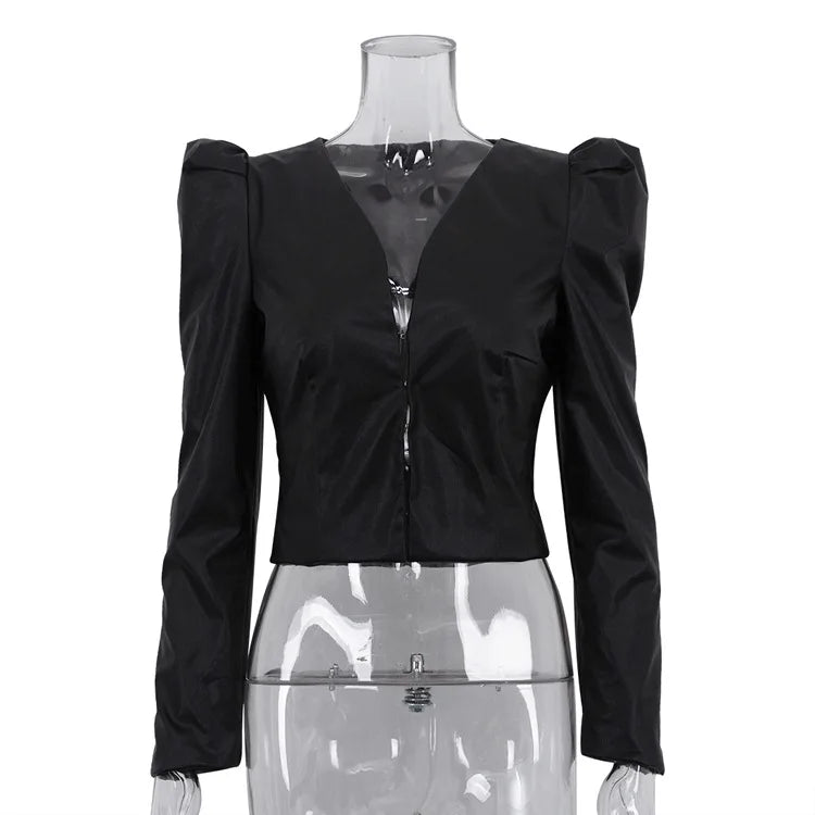 TWOTWINSTYLE Streetwear Black Short PU Leather Shirt for Women V Neck Long Sleeve Slimming Vintage Fashion Top Female New Trendy