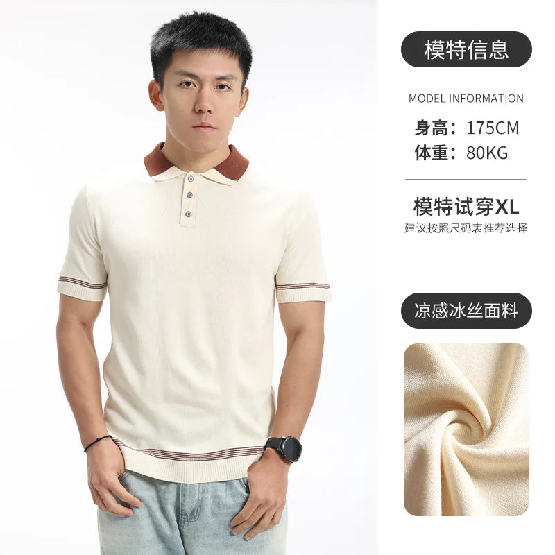 Summer Knitted Polo Shirts Men Vintage Fashion Loose Business Casual Short Sleeve T-shirt Cool Breathable Sweater T Shirt Tops