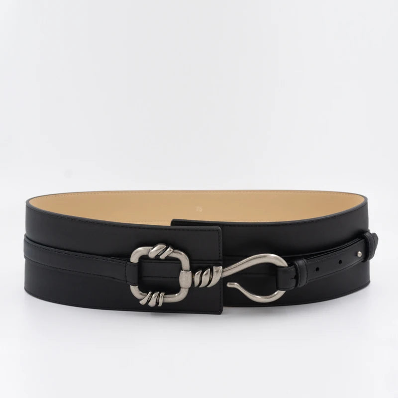 Antique silver buckle wide leather belt for women's dress