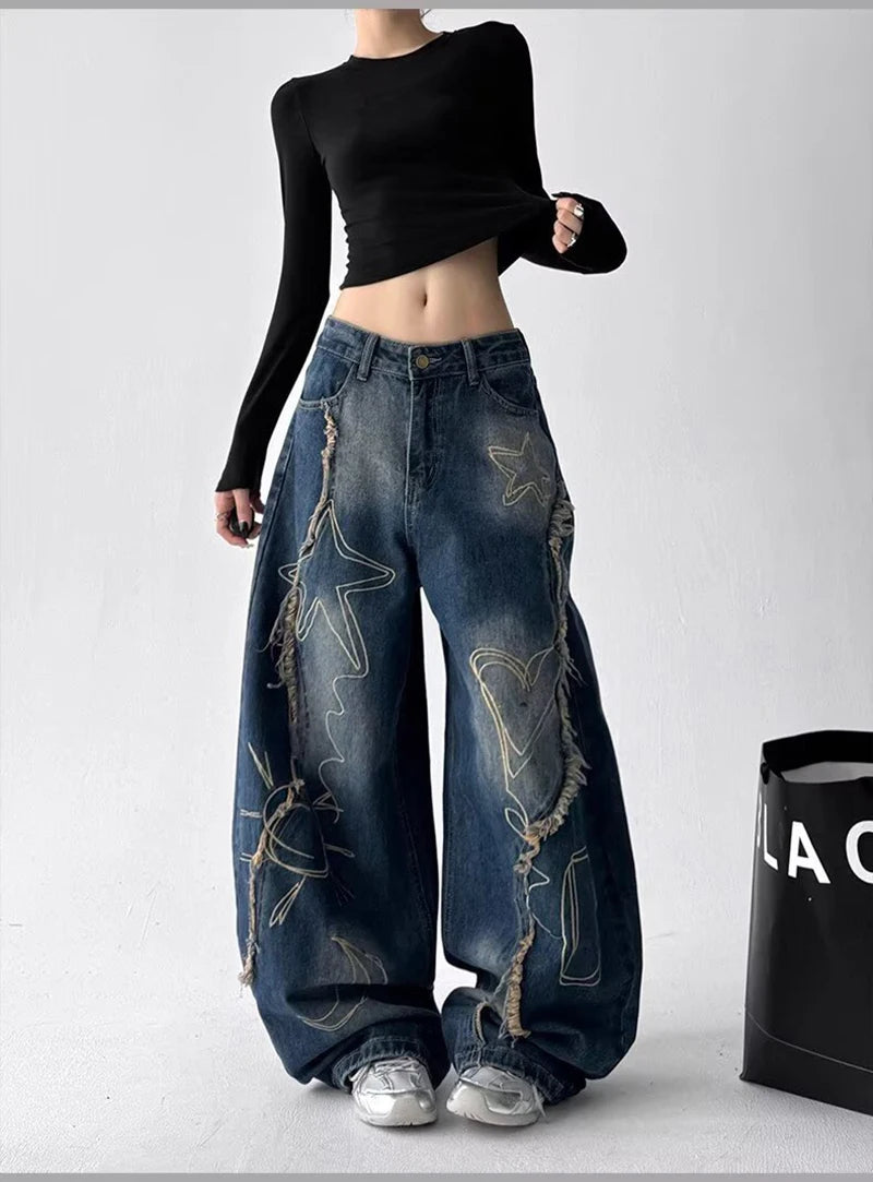 High waist wide-leg distressed cargo jeans with raw edge