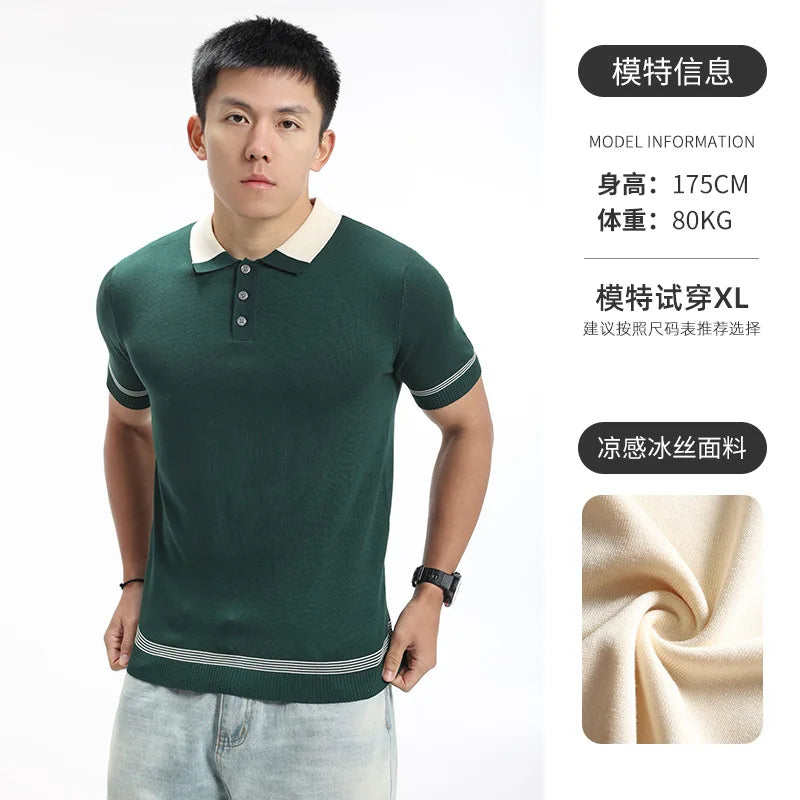 Summer Knitted Polo Shirts Men Vintage Fashion Loose Business Casual Short Sleeve T-shirt Cool Breathable Sweater T Shirt Tops