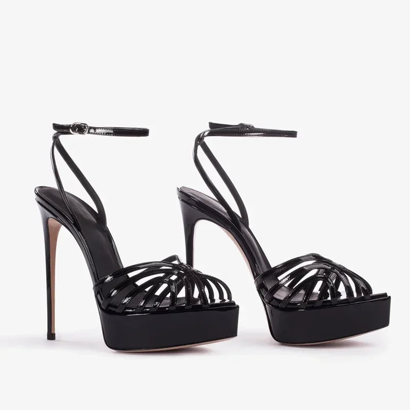 Pointed toe platform sandal with narrow band and thin heel