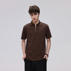 Henry Collar Slim Fit Knitted Short Sleeve T Shirt Men Summer Fashion Semi-zipper Stand Collar Loose Casual T-shirt Tops