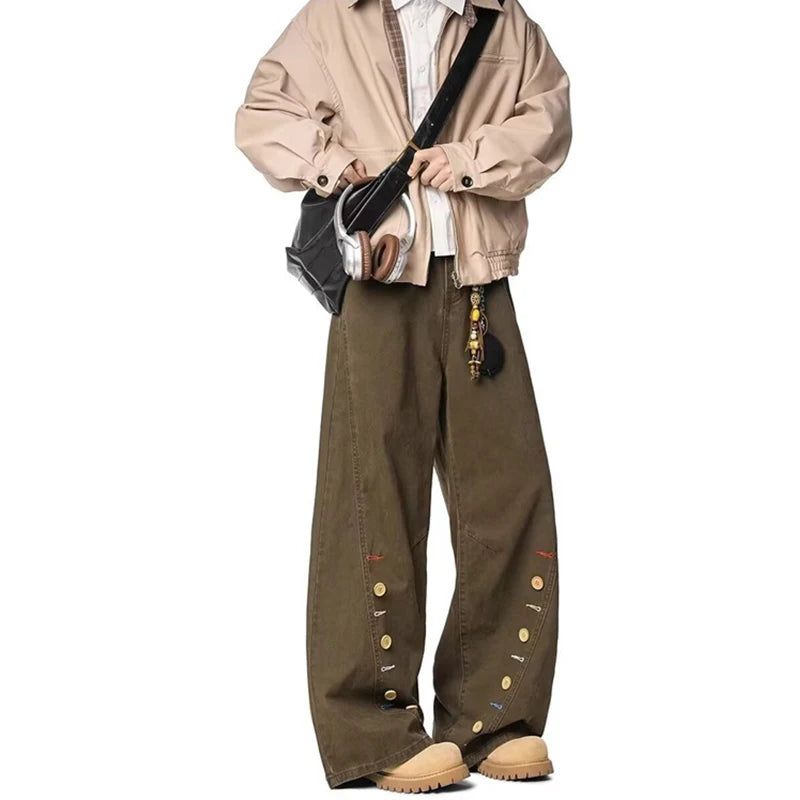 New Men's Retro Button-Design Brown Baggy Jeans Casual Straight Curved Denim Pants 2026 Spring High Street Y2K Jean