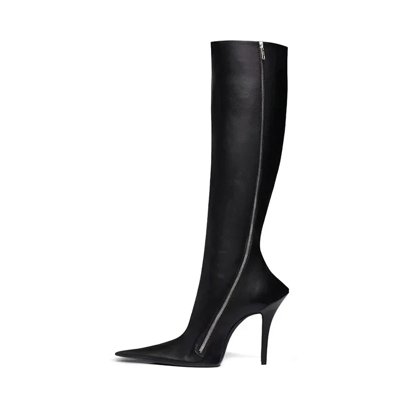 Pointed toe knee-high skinny boot with thin heel and side zipper