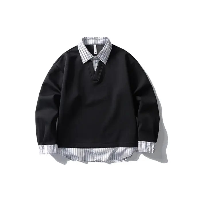 Autumn Splice Stripe Shirt Collar Oversize Sweatshirt Men Loose Casual Streetwear Fashion Pullover Sweatshirts Hoodie Tops