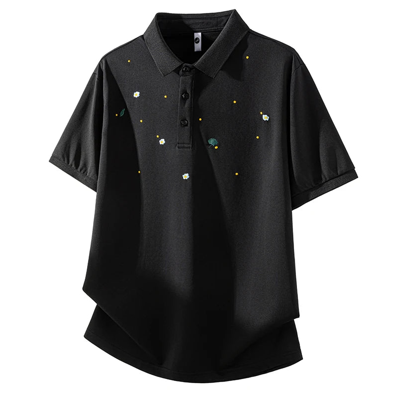 Summer High Elastic T Shirt Men Embroidery Short Sleeve Loose Casual Polo Shirt Male T-shirts