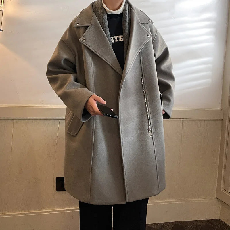 Winter Fashion Woolen Dust Coats Men Zipper Decor High Quality Korean Style Loose Casual Windbreaker Men's Thick Warm Trenchcoat