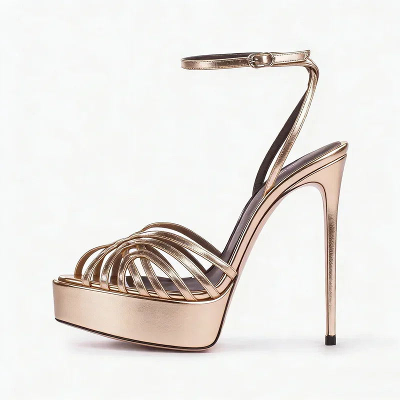 Pointed toe platform sandal with narrow band and thin heel