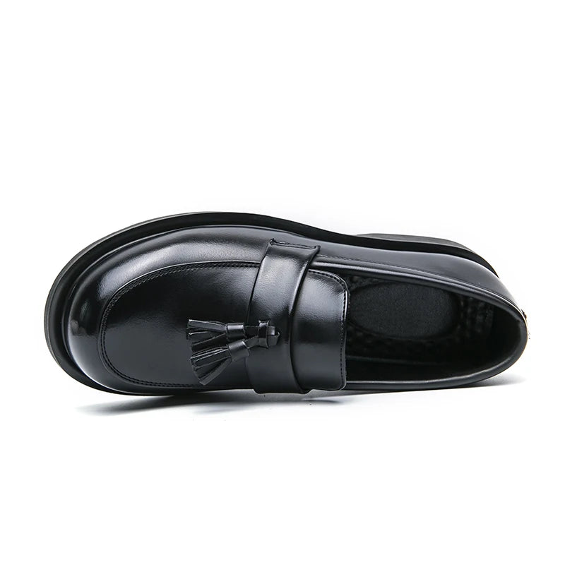 Men's British-Style Black Red Leather Loafers, Tassel Detail 5CM Height Increasing Shoes for Office/Daily Wear