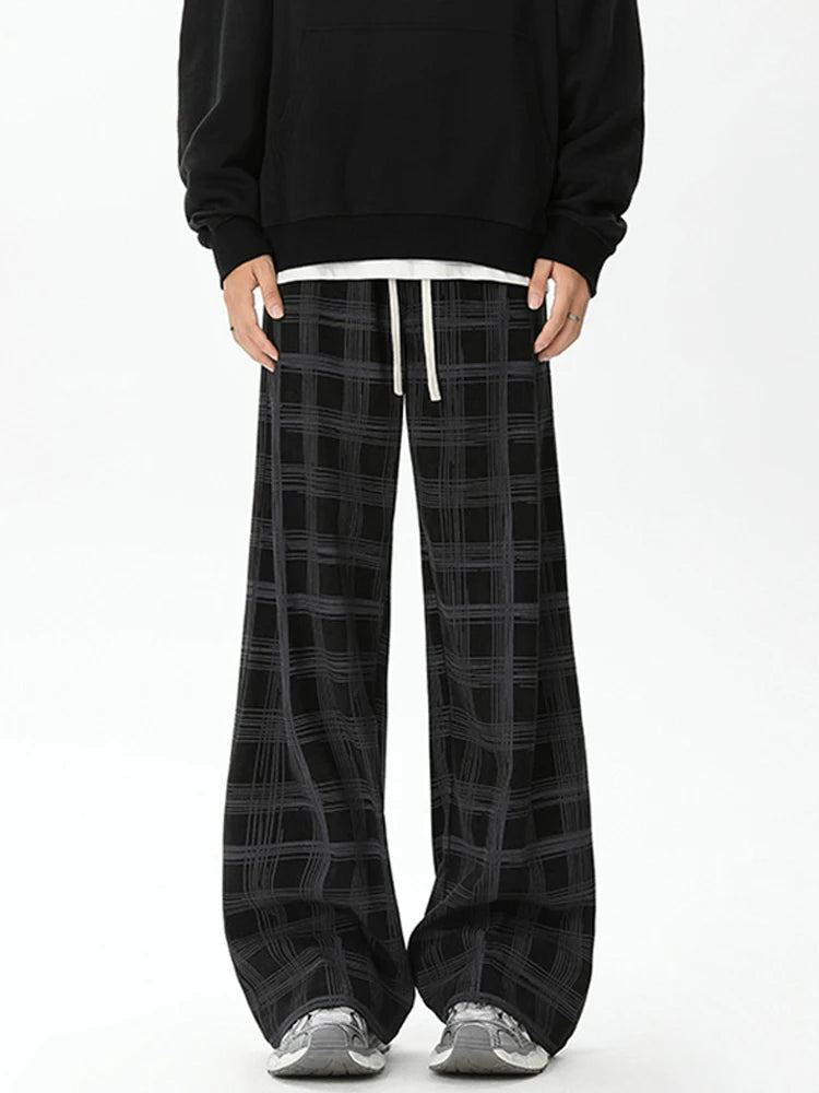 Spring Men's Plaid Distressed Baggy Pants 2026 New Casual Sports Loose Straight-Leg Sweatpants High Street Fashion Y2K Trousers