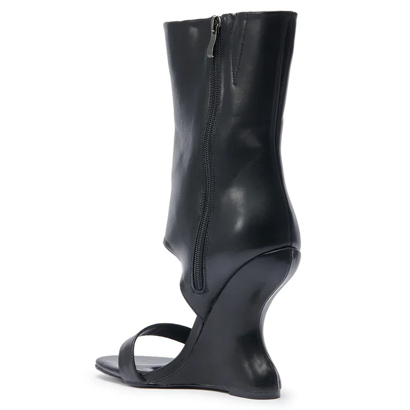 One-strap hollow sandal boot with side zipper in leather