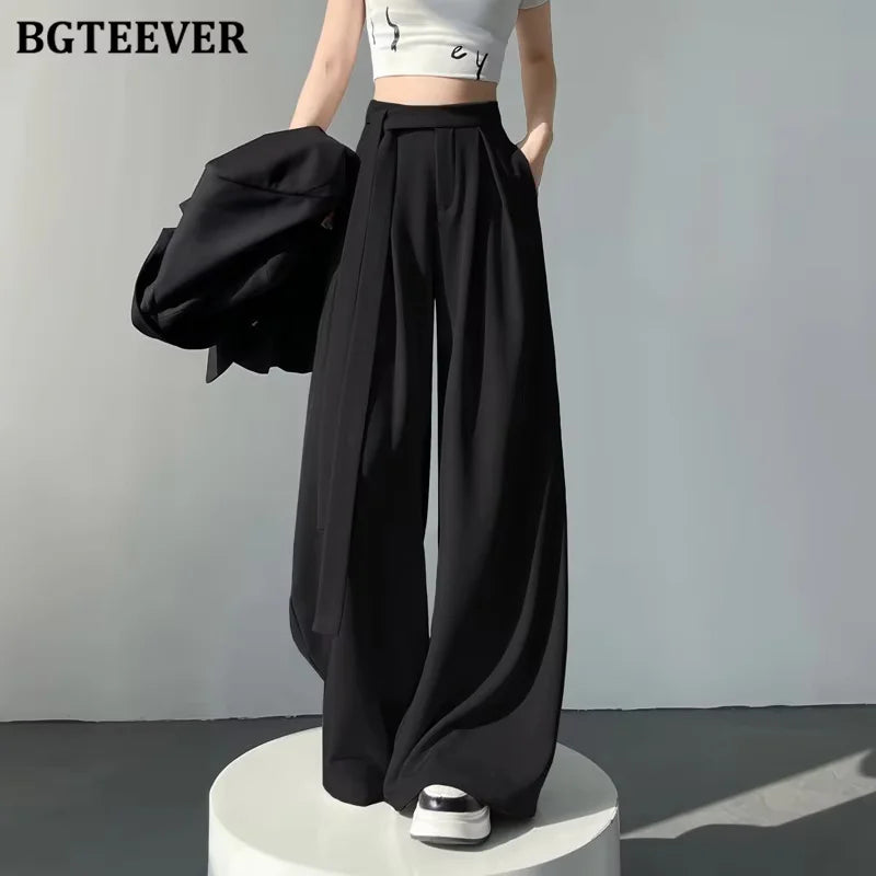 High waist wide-leg suit pants with lace-up in long length