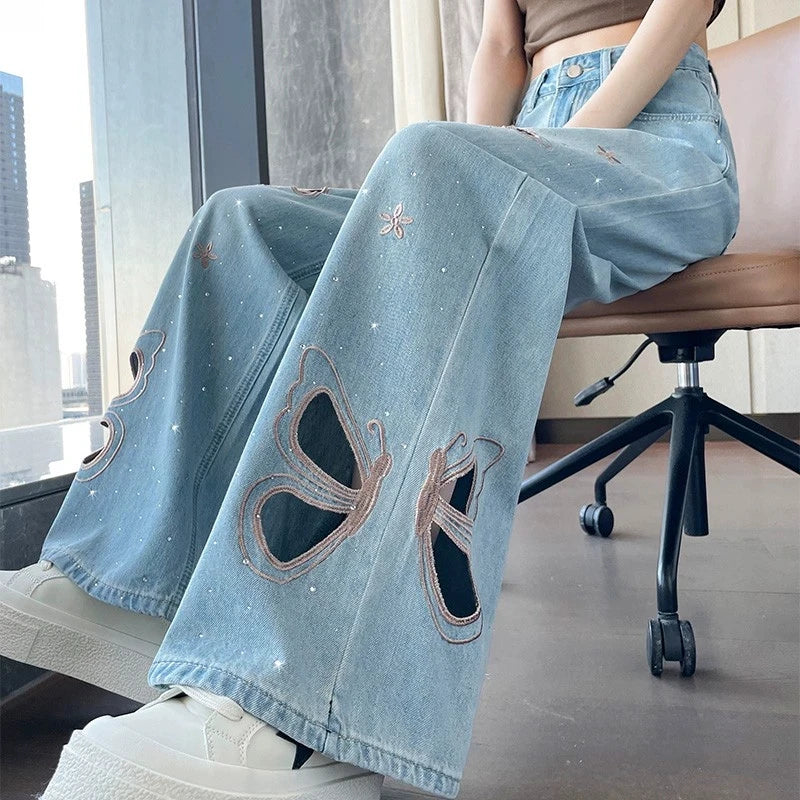 High waist wide-leg jeans with diamond stud and butterfly embroidery