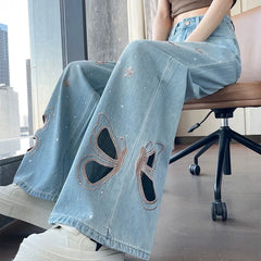 High waist wide-leg jeans with diamond stud and butterfly embroidery