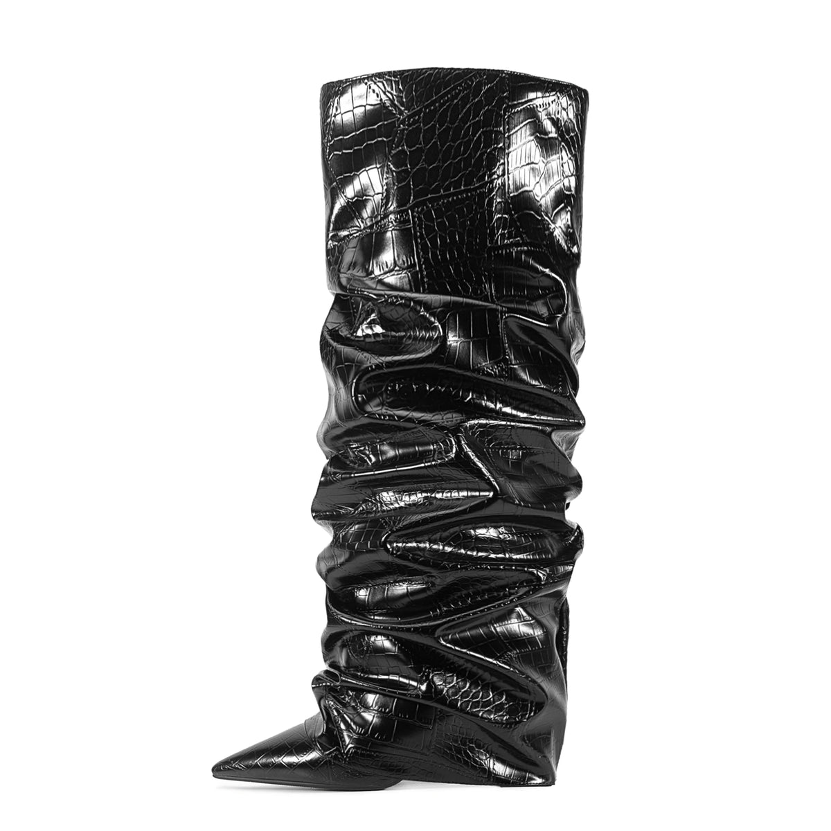 Pointed toe knee-high pleated boot with chunky heel in stone microfiber