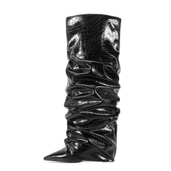 Pointed toe knee-high pleated boot with chunky heel in stone microfiber