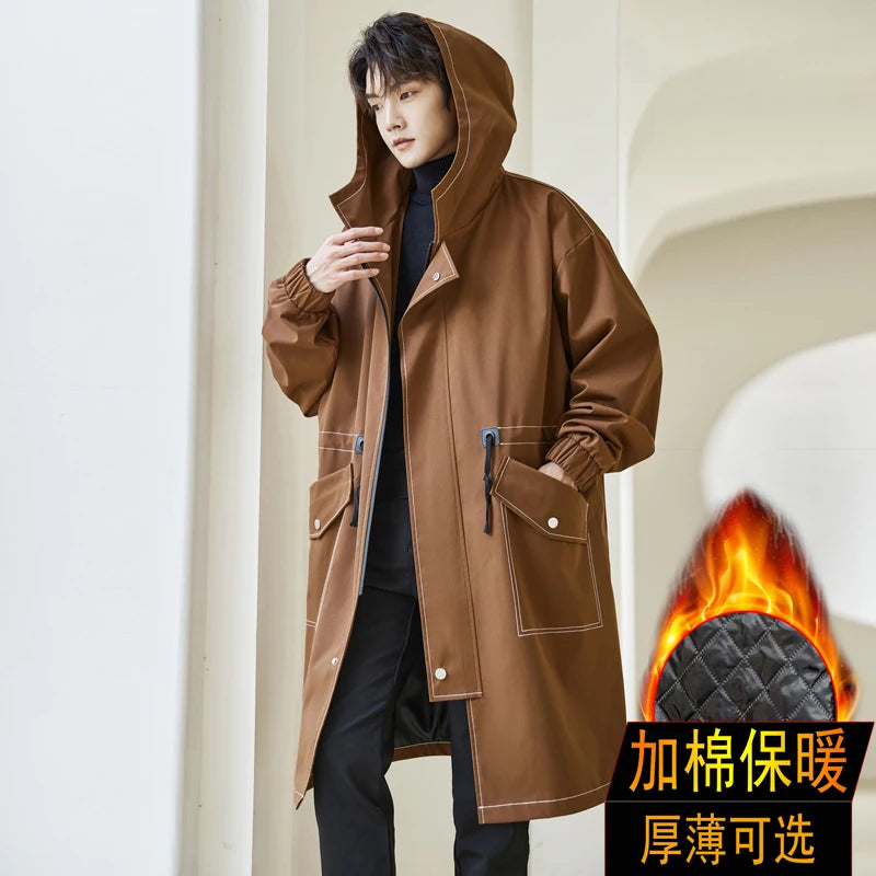 Korean Style Cotton-lined Windbreaker Men New Fashion Solid Color Trench Coat Autumn Winter Men's Casual Loose Thick Warm Coat