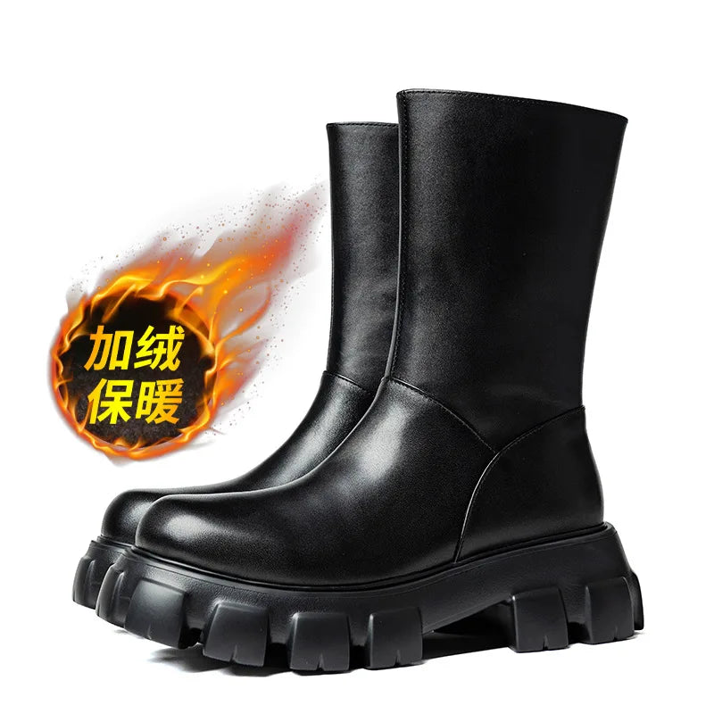 Thick Soled Platform Mens Boots Luxury Designer Square Head Soft Leather Chelsea Boots Fashion Trends Mens Street High Top Shoes