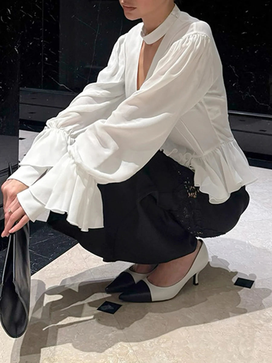 TWOTWINSTYLE White Loose Spliced Folds Chic Shirt for Women V Neck Long Sleeve Elegant French Shirts Female Summer Fashion New