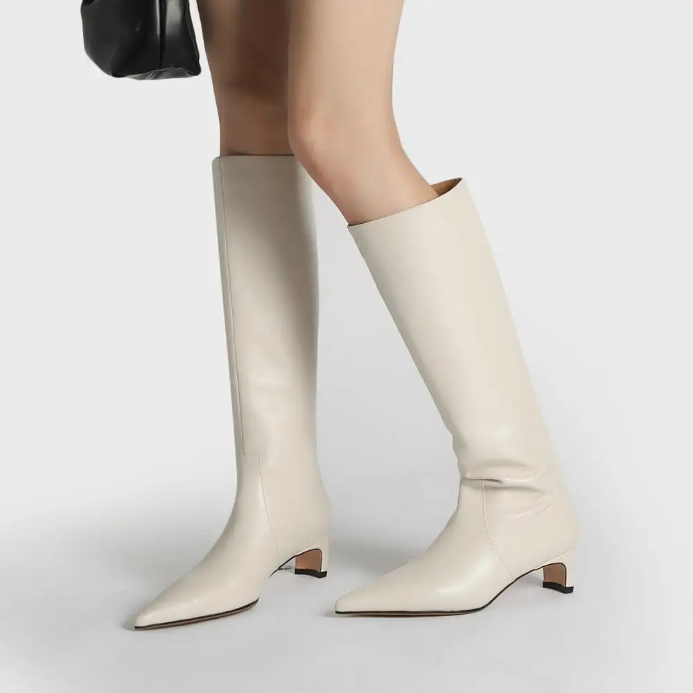 Square toe knee-high knight boot with mid heel in white cowhide