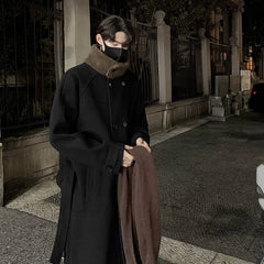 Men's Lamb wool Patchwork Woolen Overcoat Men High-end Stand Collar Casual Loose Korean Style Winter New Elegant Trench Coat