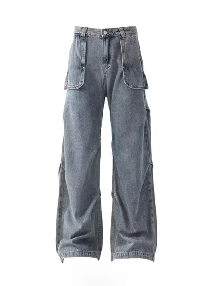 Autumn Men's Multi-pocket Straight-leg Cargo Jeans Y2K Vintage Pleated Design Baggy Jean 2025 High Street Fashion Denim Pants