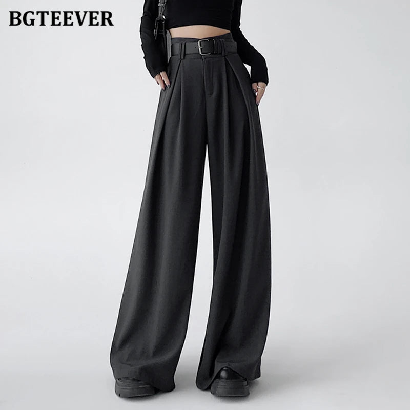High waist wide-leg solid long trousers with pockets